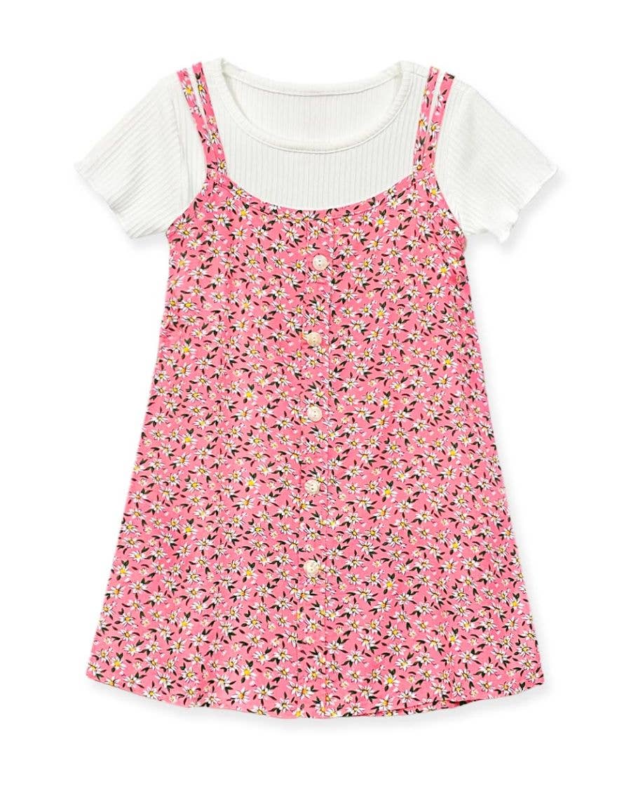 GKSS-3305B-Q304 Girl's 2 pcs Floral Dress & Ribbed Tee Set