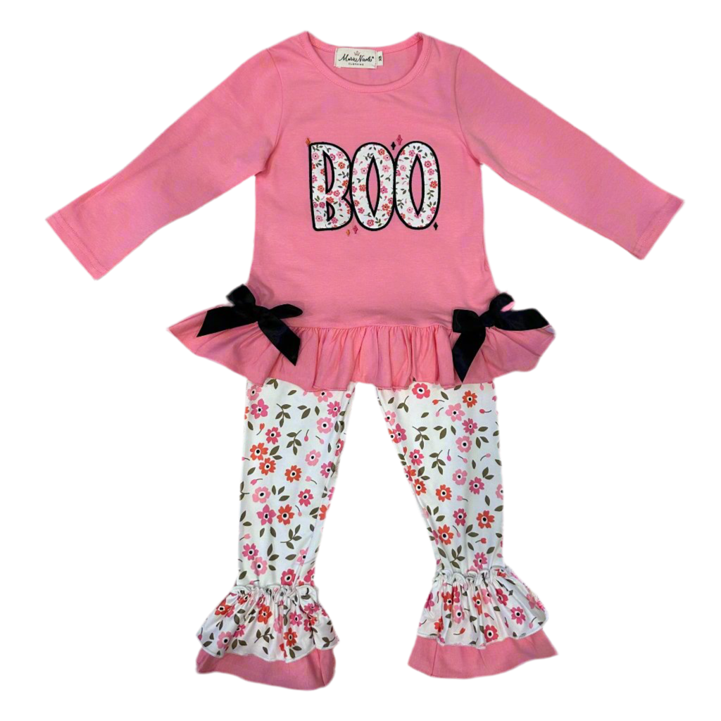 Bright Pink Floral "Boo" Ruffle Outfit - 20% Off @ Checkout