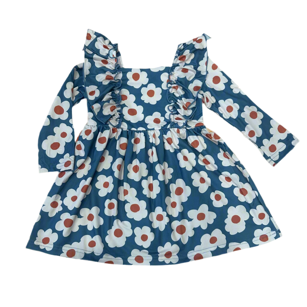Blue and Orange Daisy Ruffle Dress