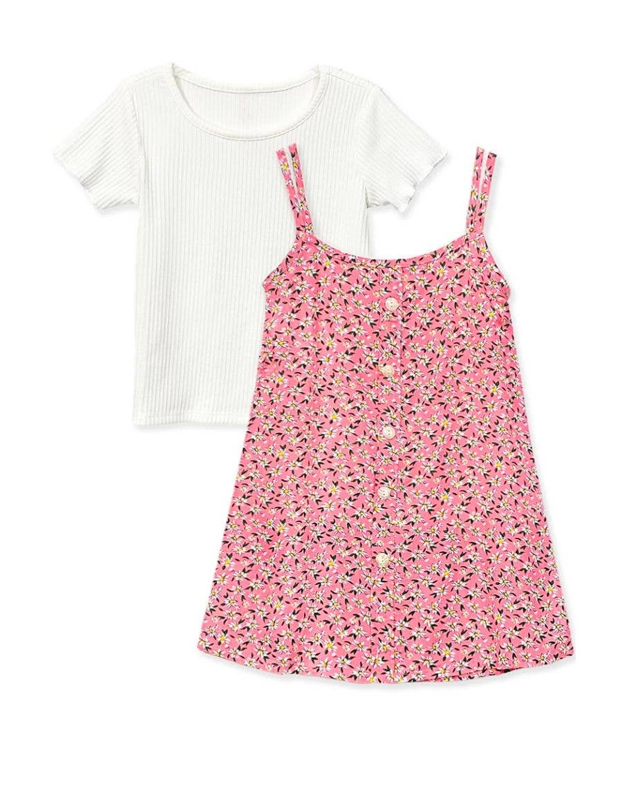 GKSS-3305B-Q304 Girl's 2 pcs Floral Dress & Ribbed Tee Set
