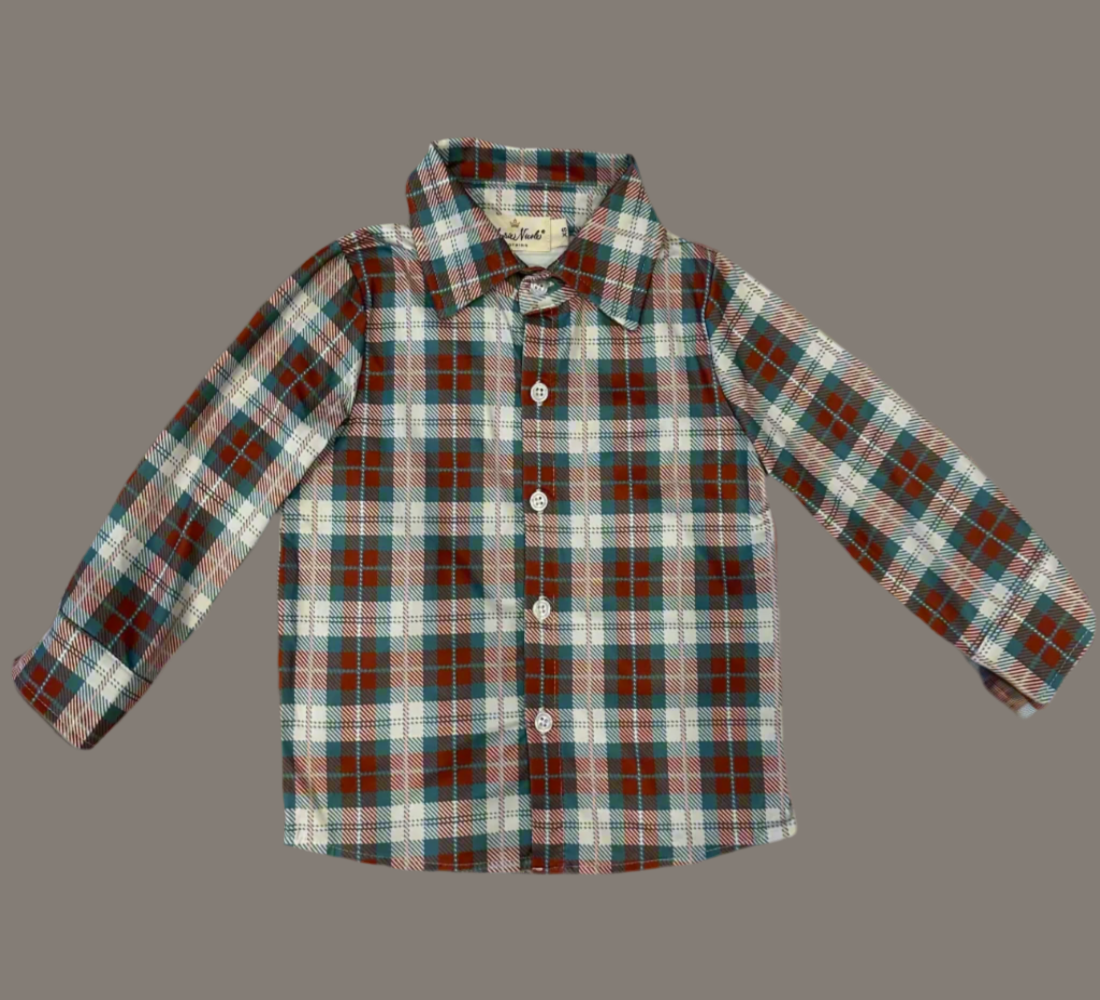 Brown and Turquoise Plaid Button Down Shirt