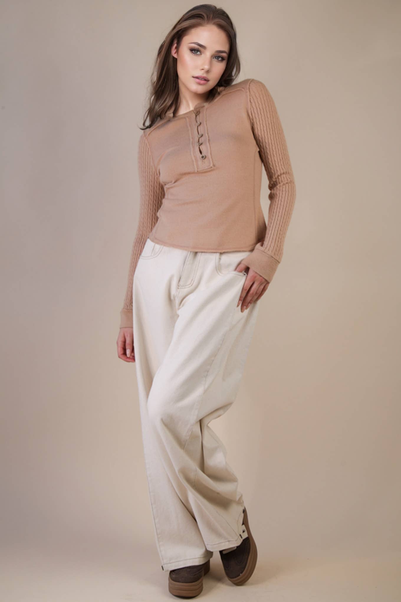 NT12287-Cable Knit Sleeve Detail Fitted Casual Top
