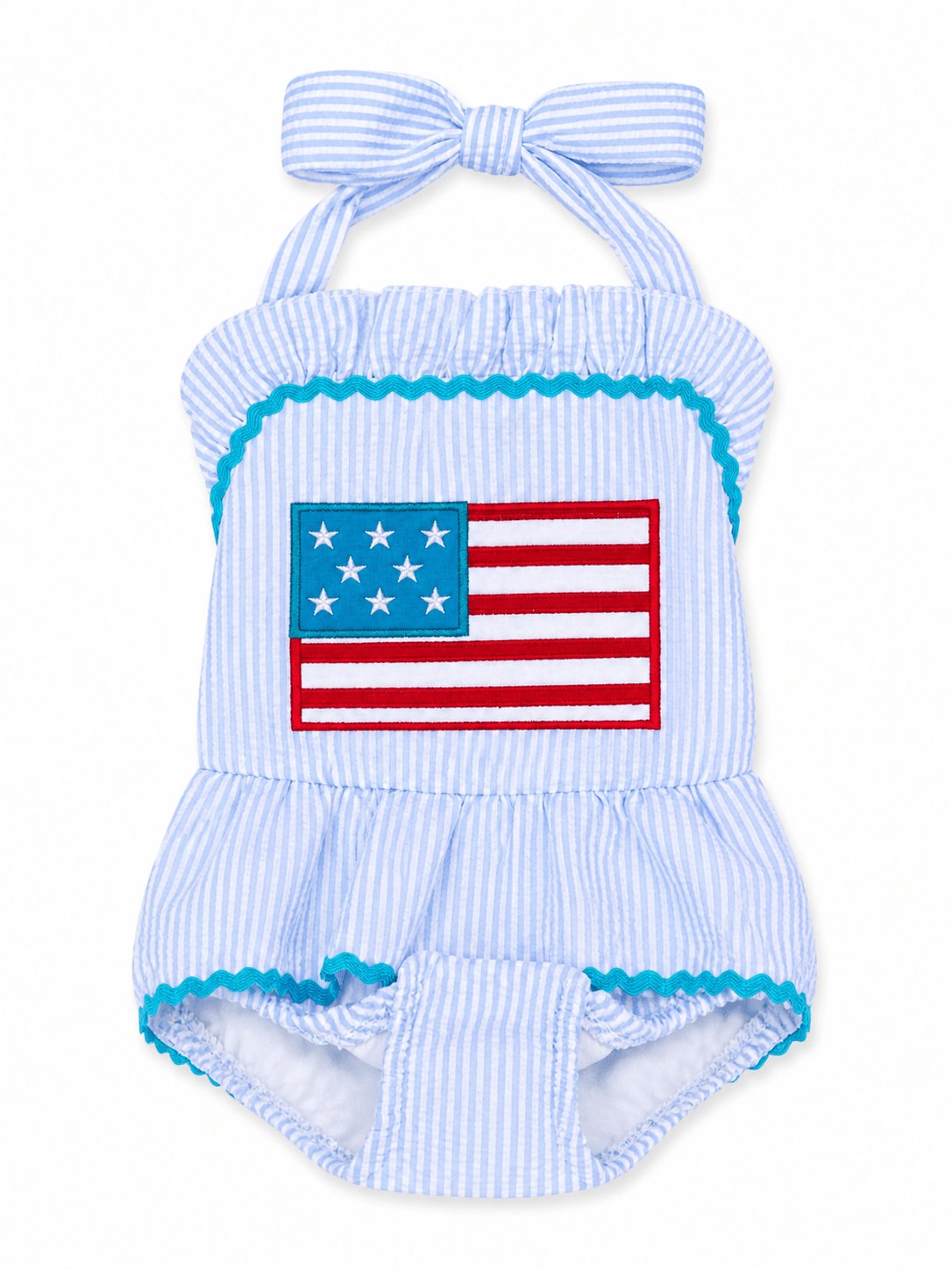 Blue and White Striped American Flag Girls Romper - Adalynn Leanne