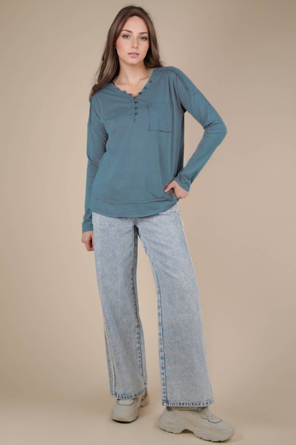 NT11795-Mineral Washed Cotton Comfy Knit Top