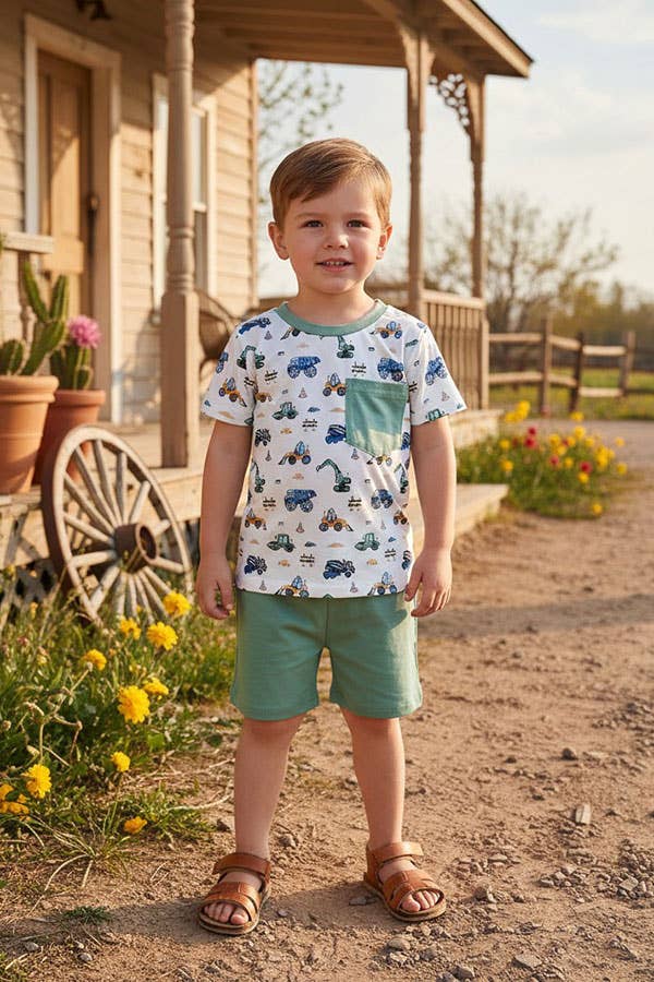Construction vehicles top & blue shorts 2pc boy set 2601015 - Adalynn Leanne