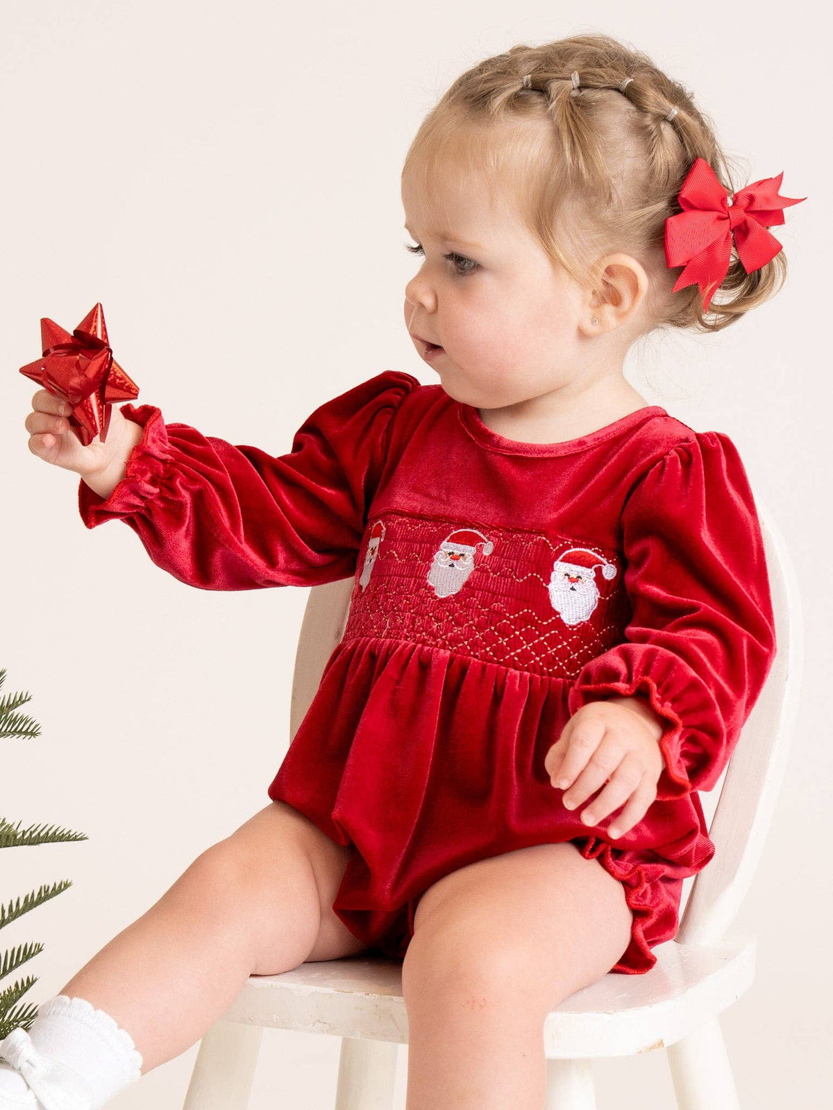 Ruby Santa Smocked Velvet Bubble Romper