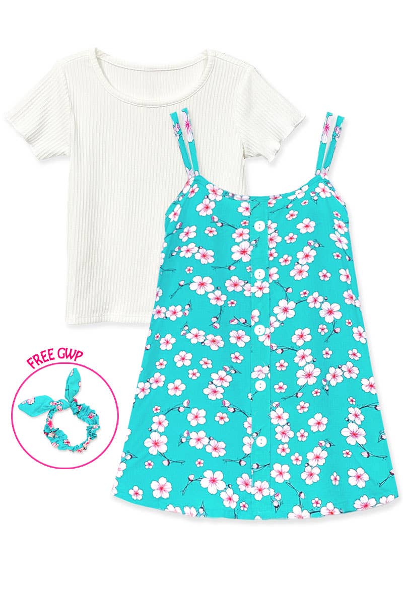Girl's 2 pc Floral Dress & Ribbed Tee Set & scrunchie - Adalynn Leanne
