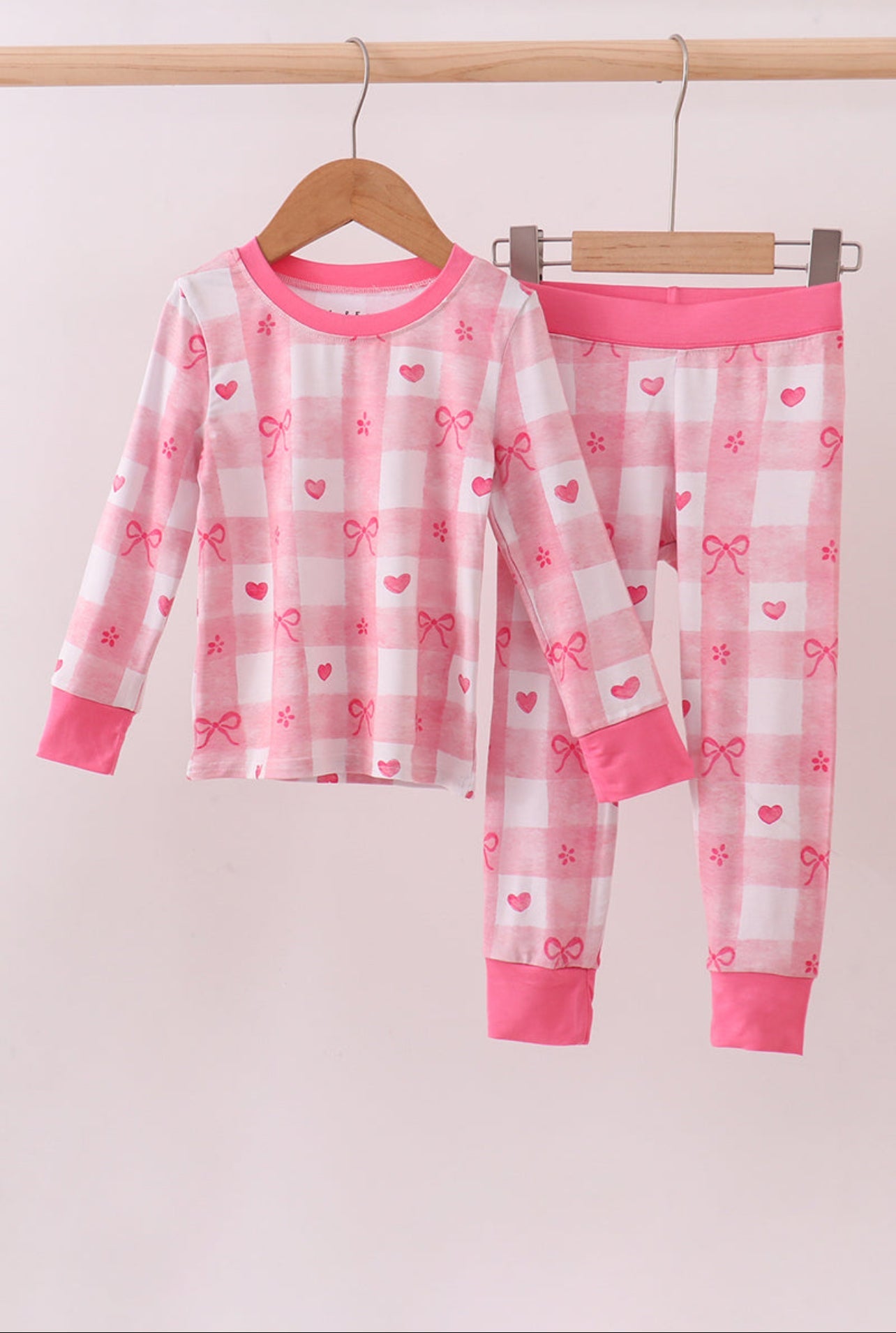 Valentine-themed Pink Bow Two Piece Pajamas in Bamboo Fabric - Adalynn Leanne