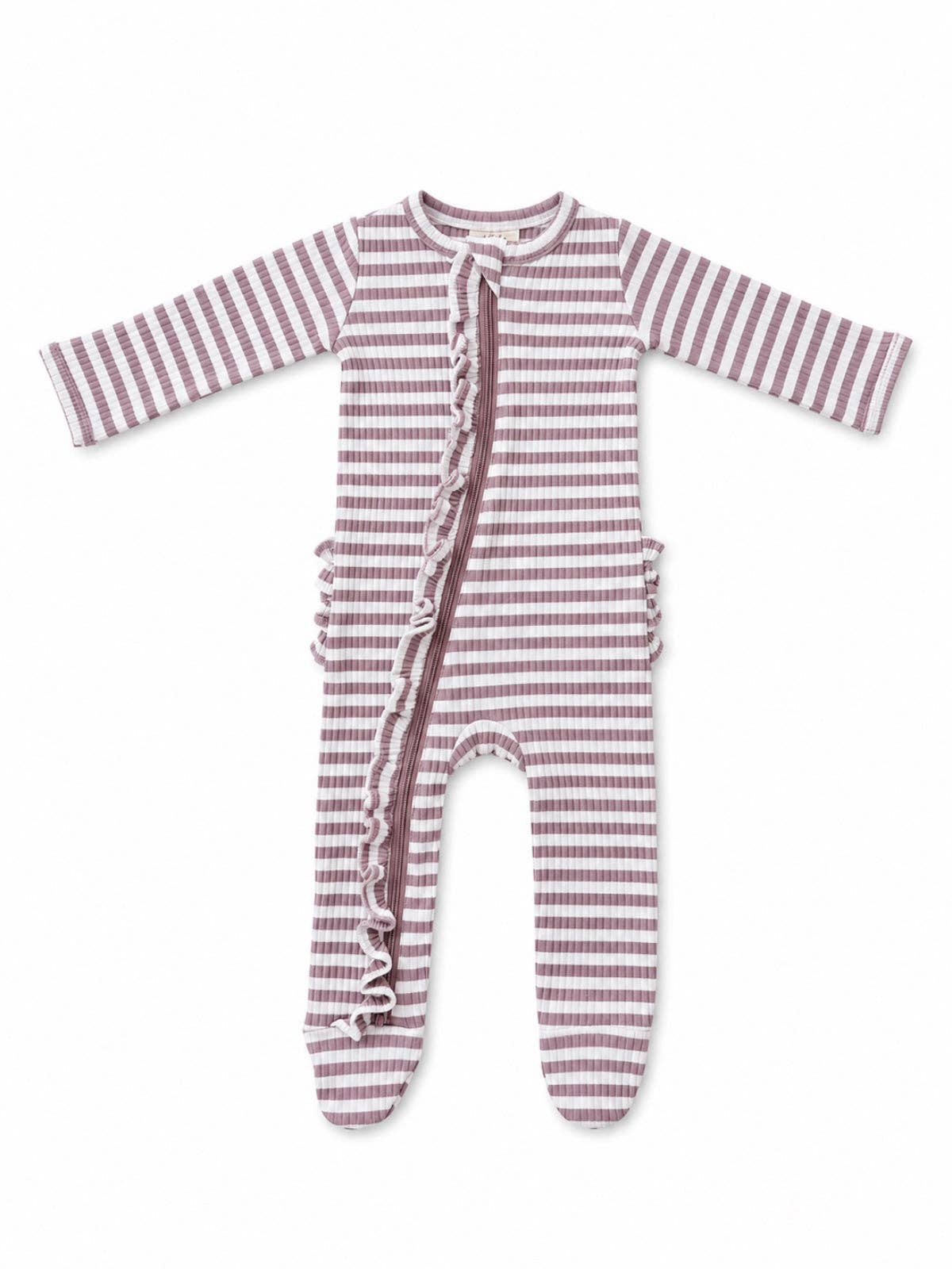 Violet Stripe / Ribbed Frill 2-Way Zip Footie - Adalynn Leanne