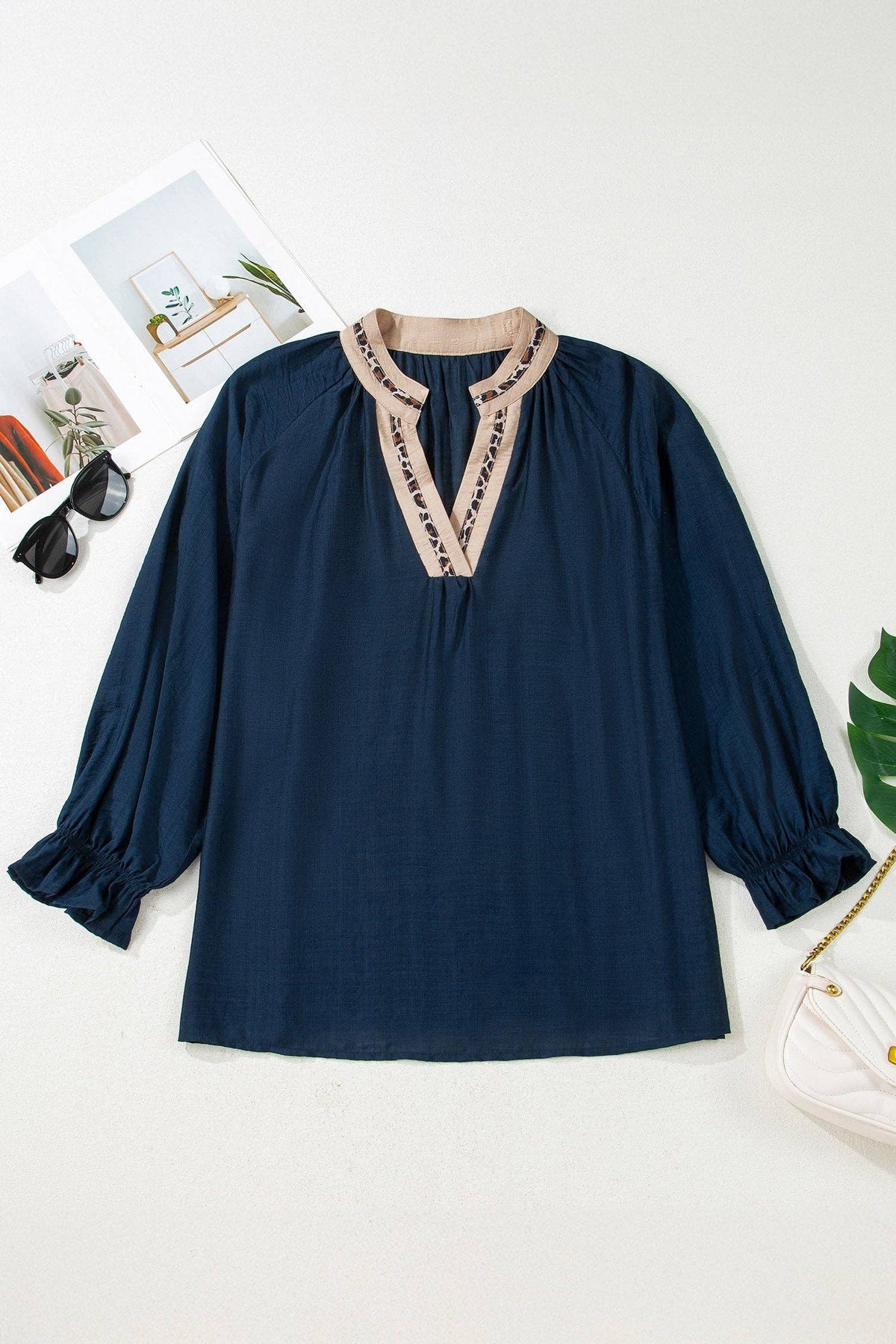 OMG! Plus Size Leopard Contrast Collar Long Sleeve Blouse