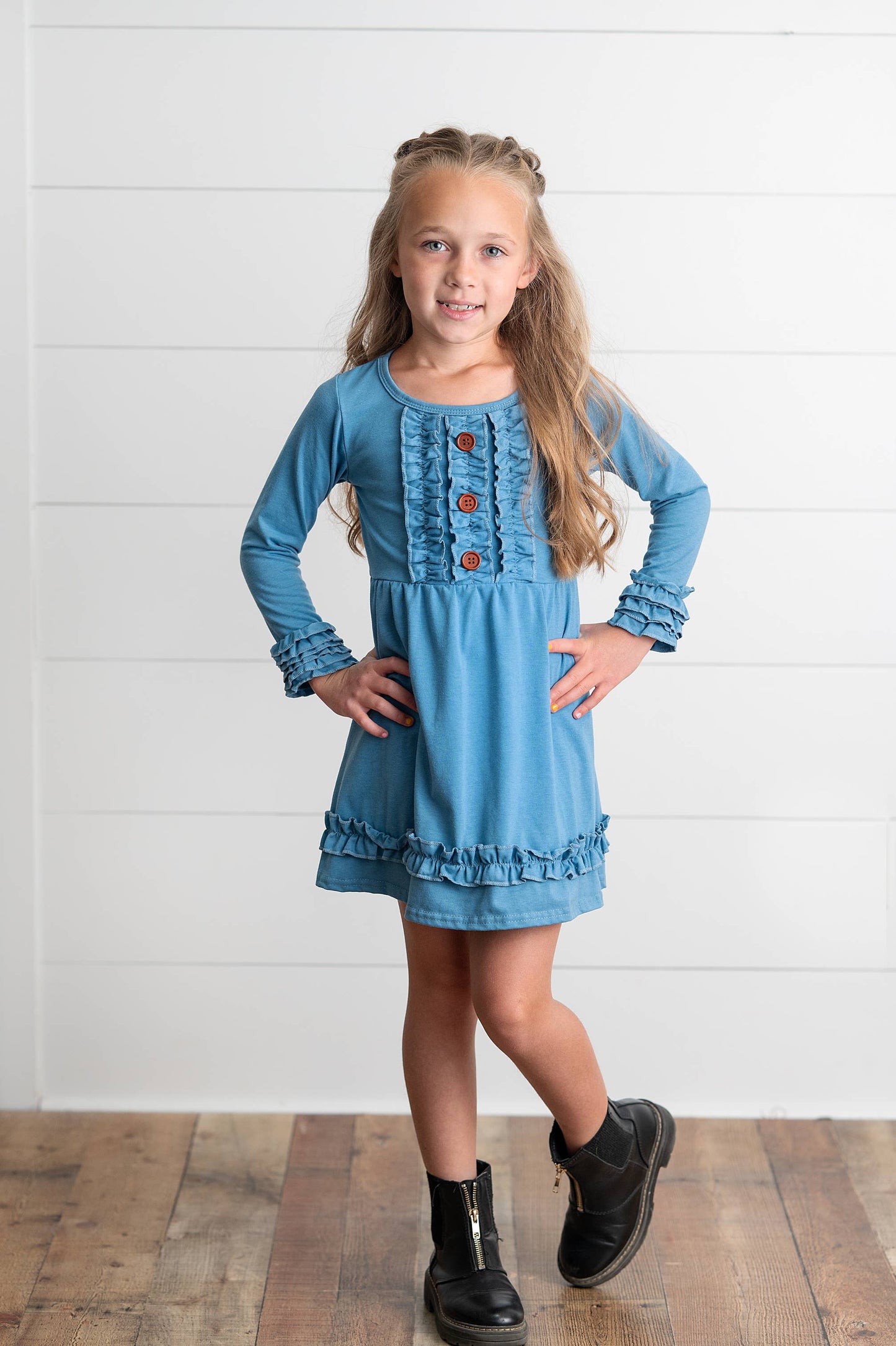 Girls Long Sleeve Solid Blue Ruffle Button Fall Winter Dress