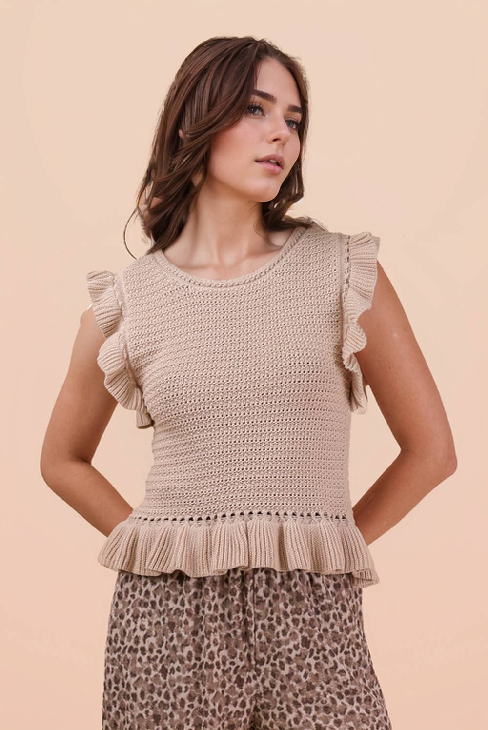 12W3640N-Ruffled Sweater Knit Top