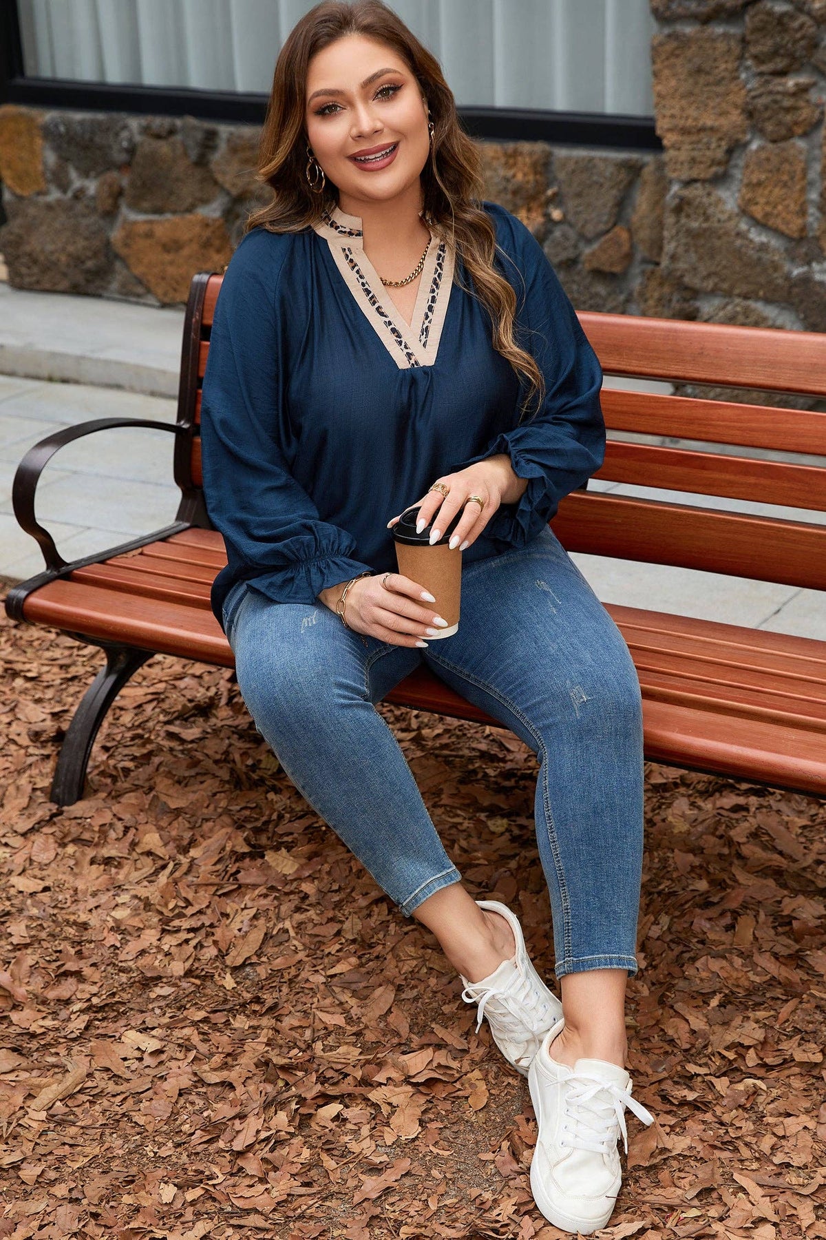 OMG! Plus Size Leopard Contrast Collar Long Sleeve Blouse