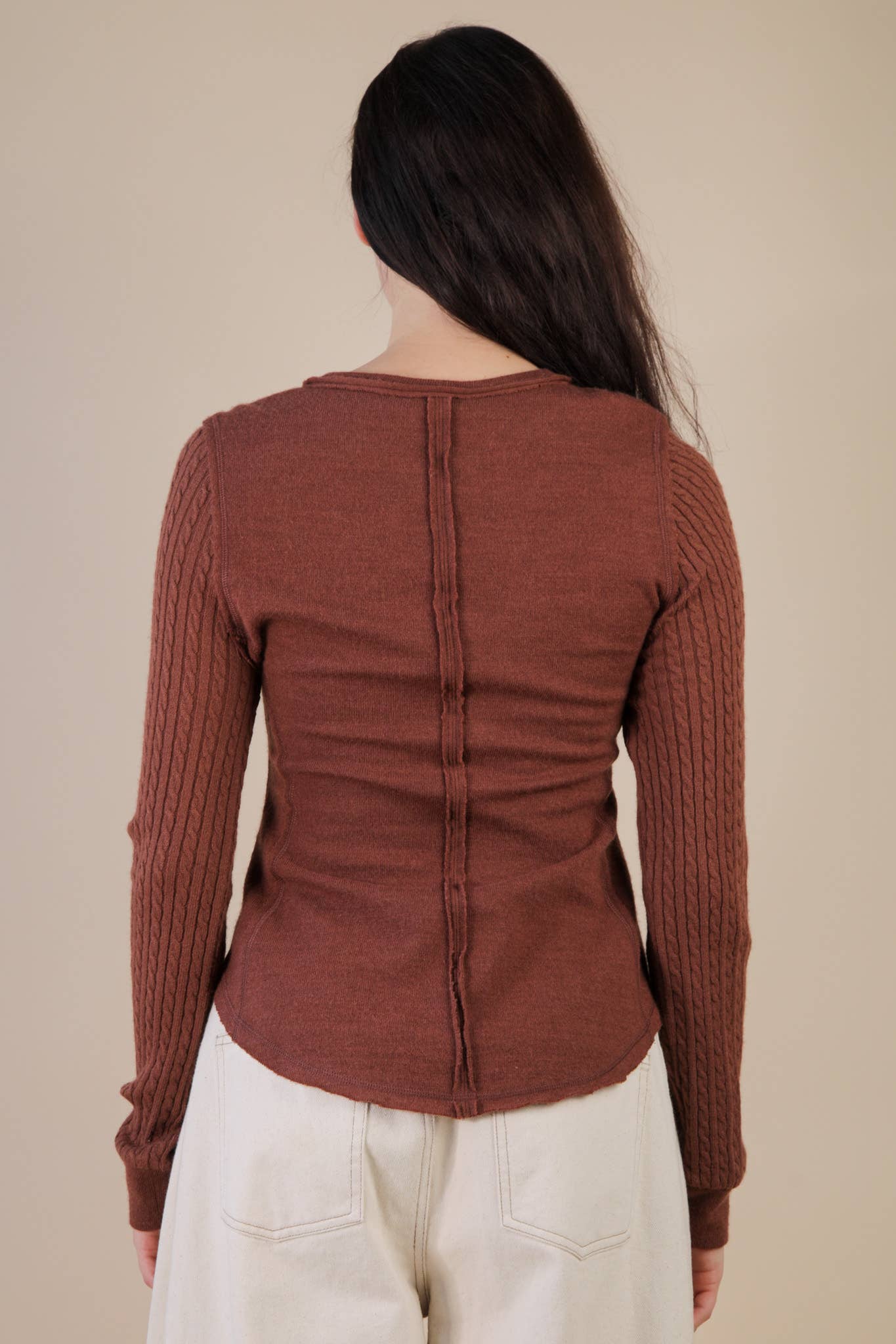 NT12287-Cable Knit Sleeve Detail Fitted Casual Top