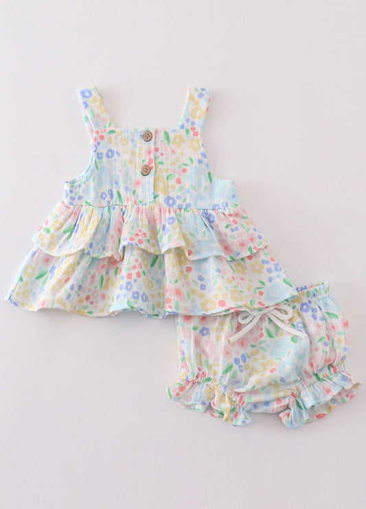 Blue Muslin Floral Ruffle Set