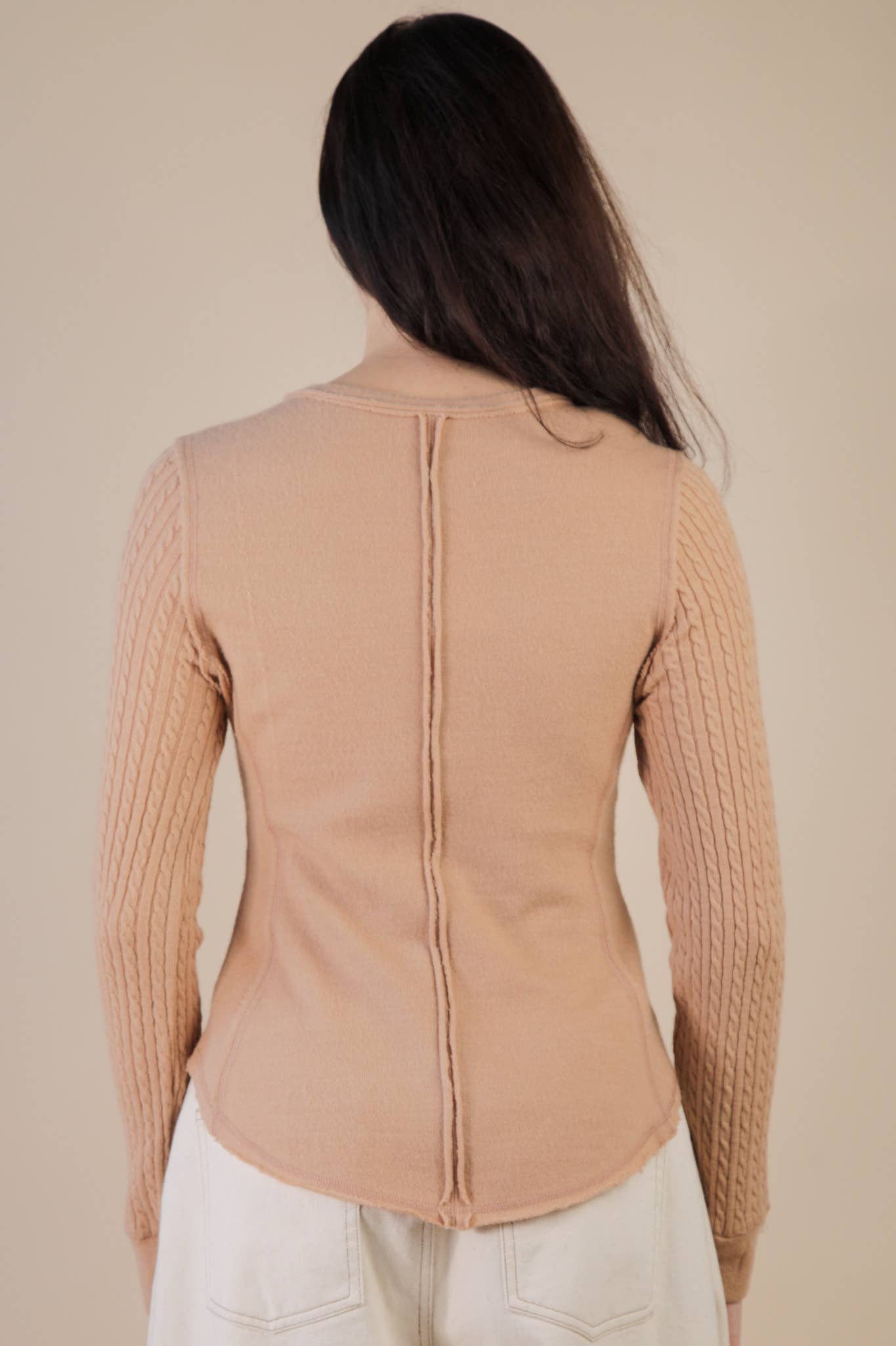 NT12287-Cable Knit Sleeve Detail Fitted Casual Top