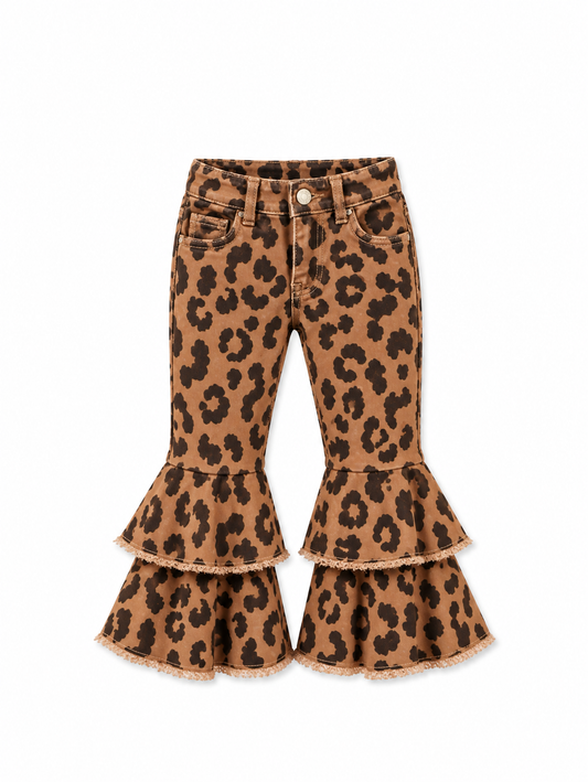 Kids Leopard Double Denim Ruffle Pant Jeans