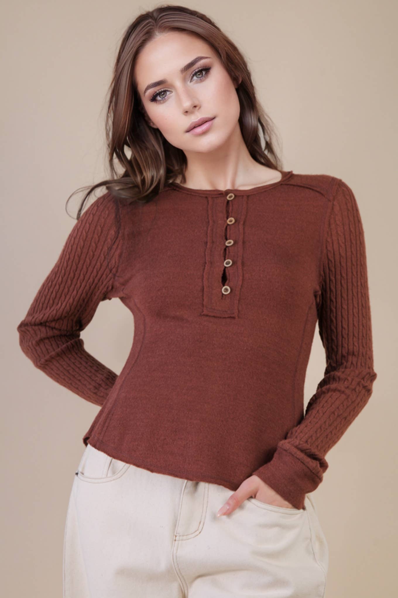 NT12287-Cable Knit Sleeve Detail Fitted Casual Top