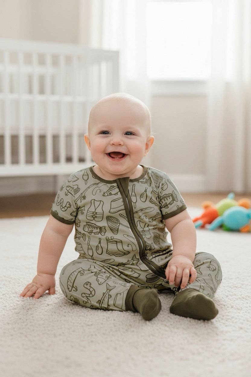 Gone Fishing short sleeve baby romper with olive green hem. SR0425-2-AMY
