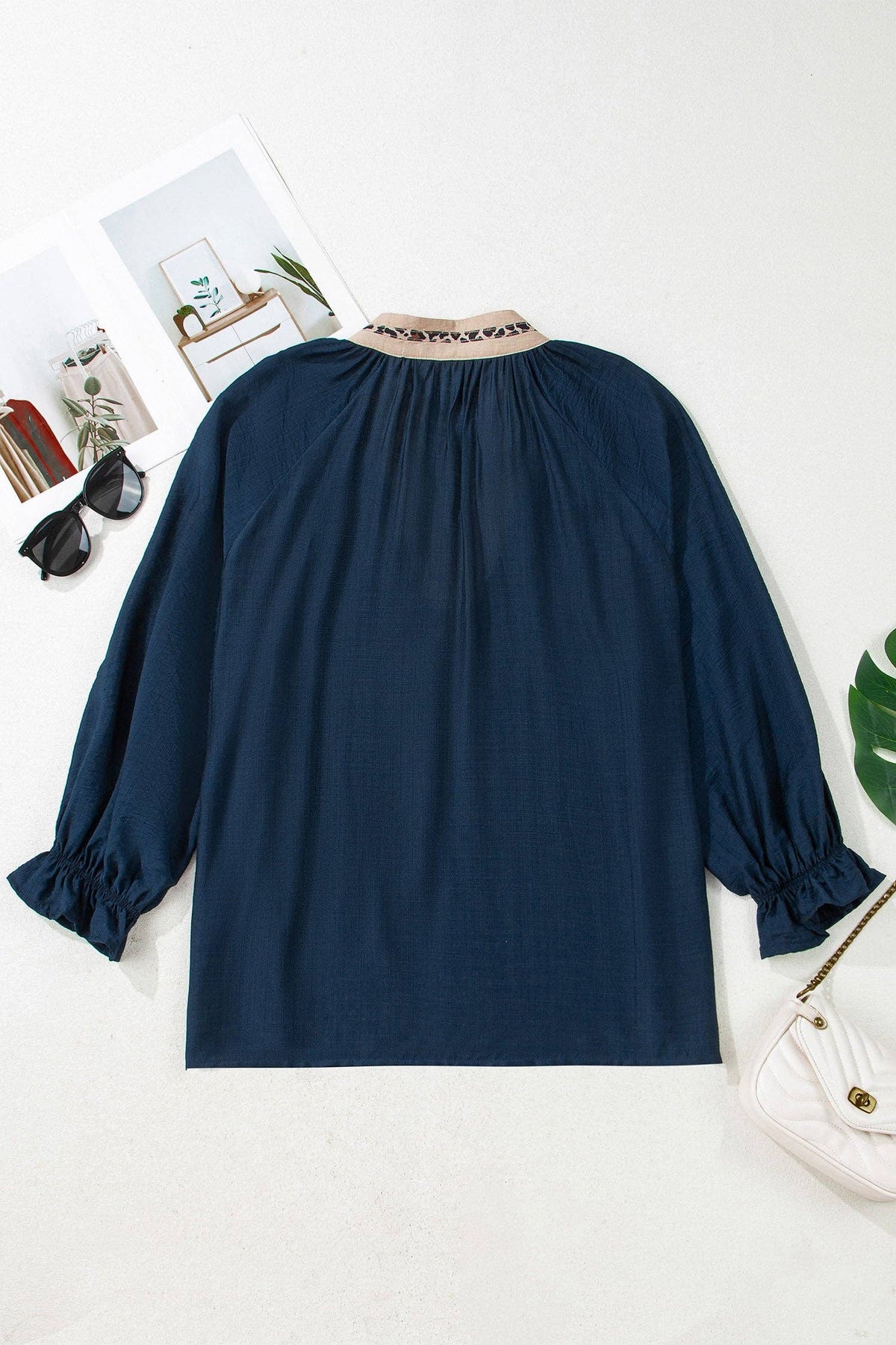 OMG! Plus Size Leopard Contrast Collar Long Sleeve Blouse