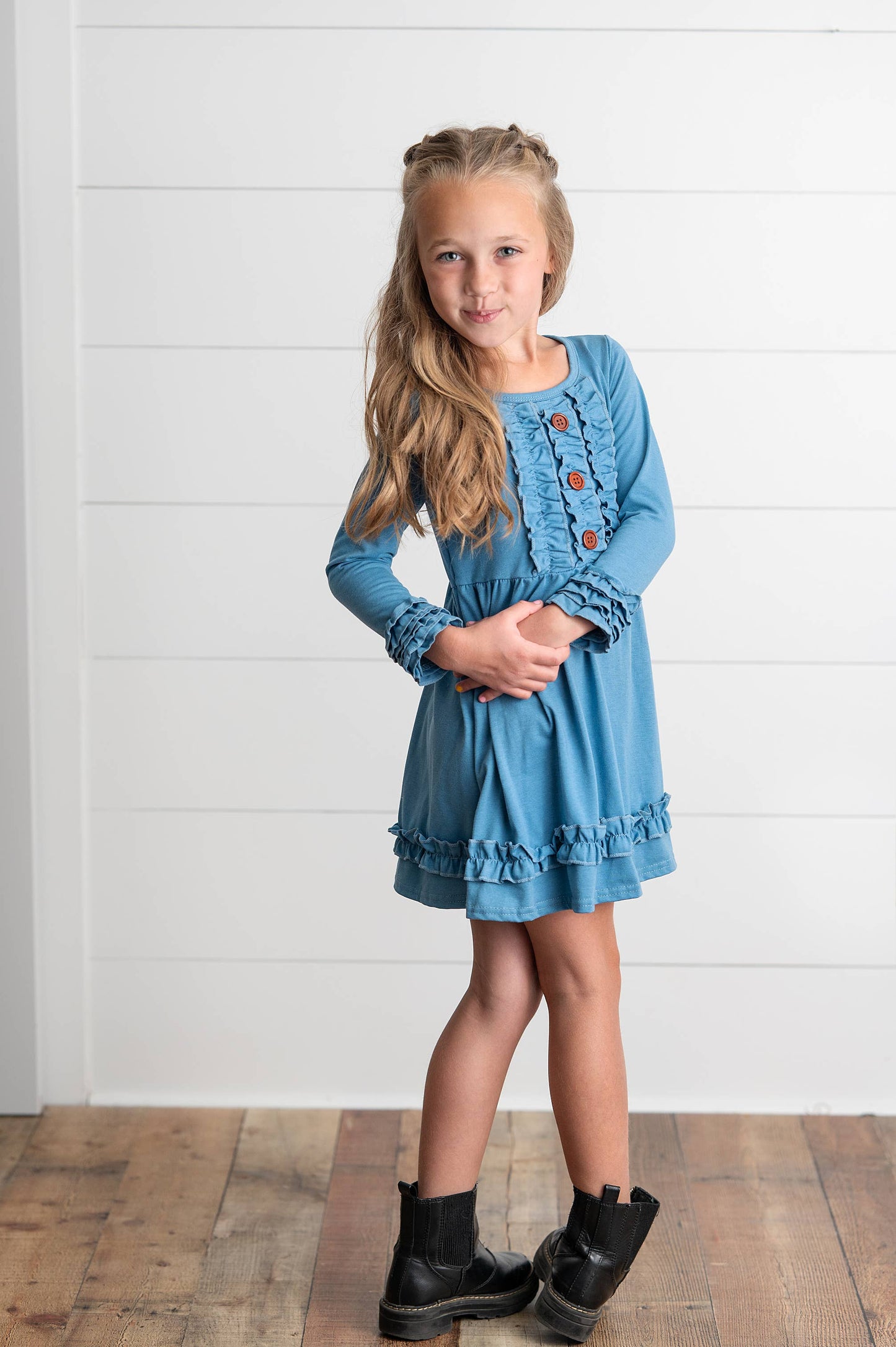 Girls Long Sleeve Solid Blue Ruffle Button Fall Winter Dress