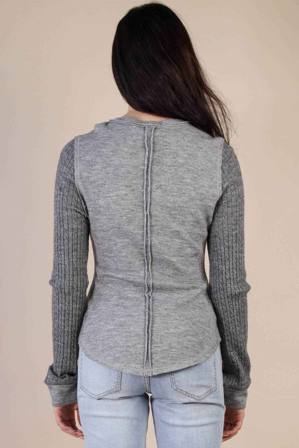 NT12287-Cable Knit Sleeve Detail Fitted Casual Top