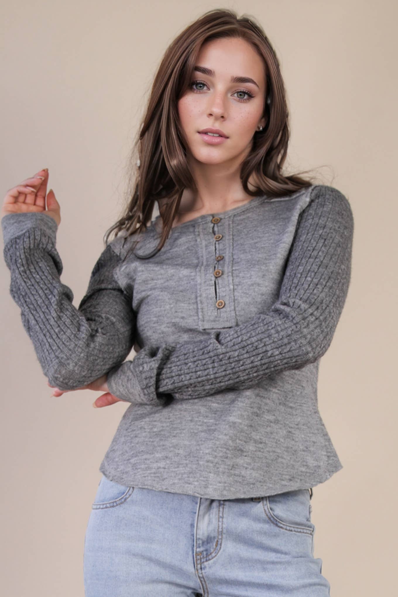 NT12287-Cable Knit Sleeve Detail Fitted Casual Top