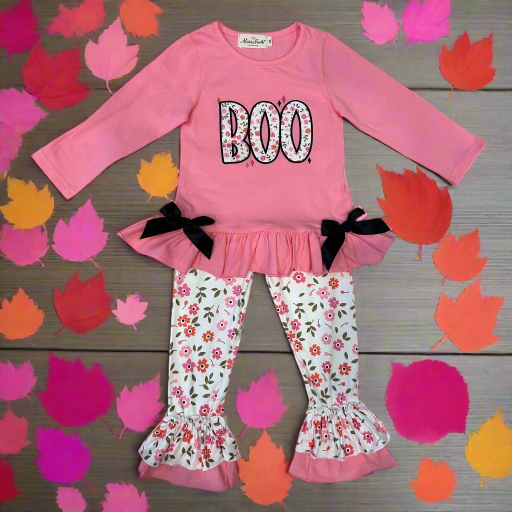 Bright Pink Floral "Boo" Ruffle Outfit  - 20% Off @ Checkout