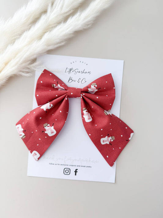 Red Snowmen Christmas Sailor Bow, Large