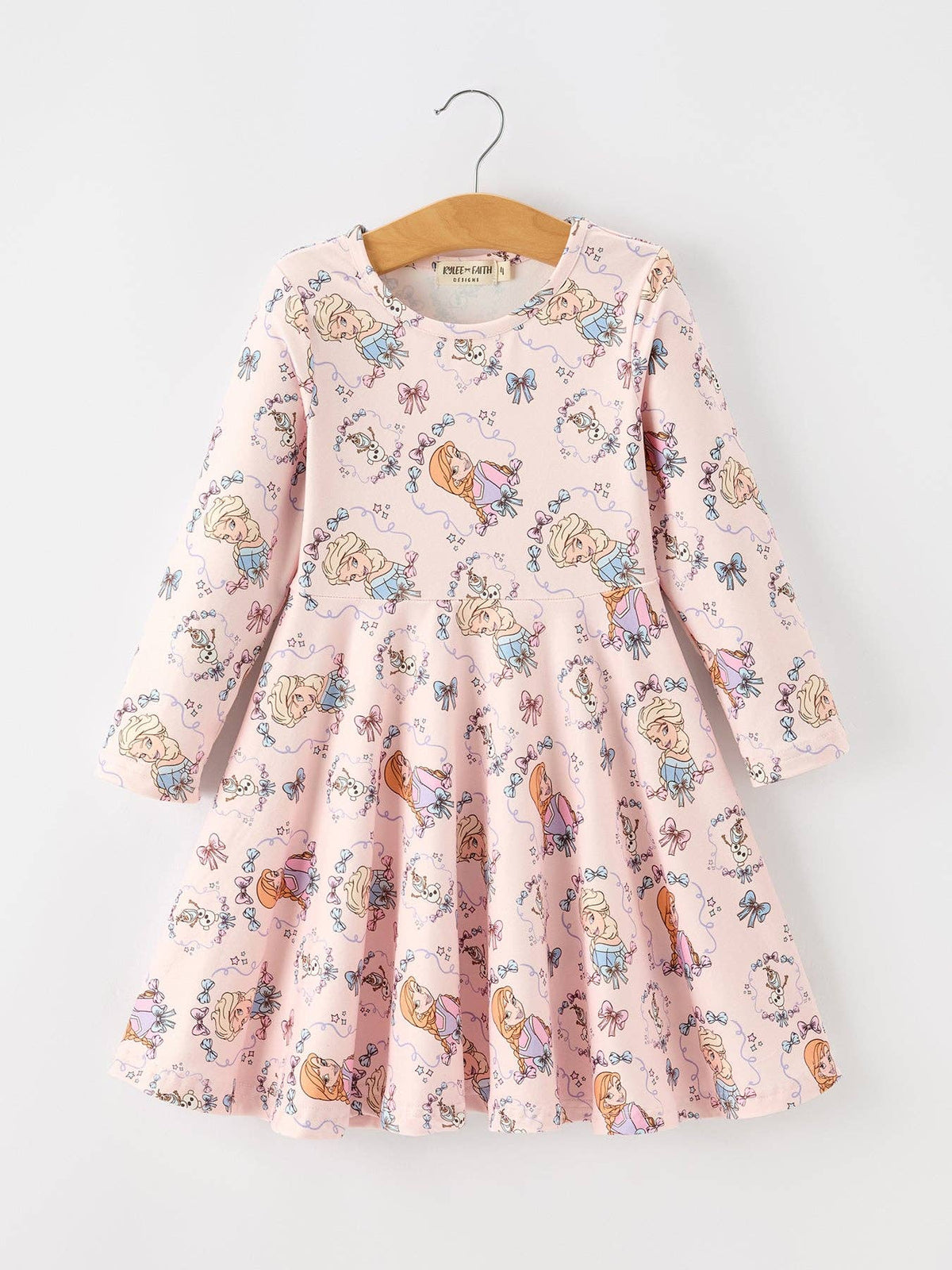 Girls Pink Bow Print Long Sleeve Twirl Dress