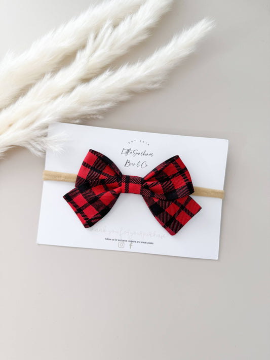 Black & Red Plaid Christmas Pinwheel Hair Bow, Pigtail Set