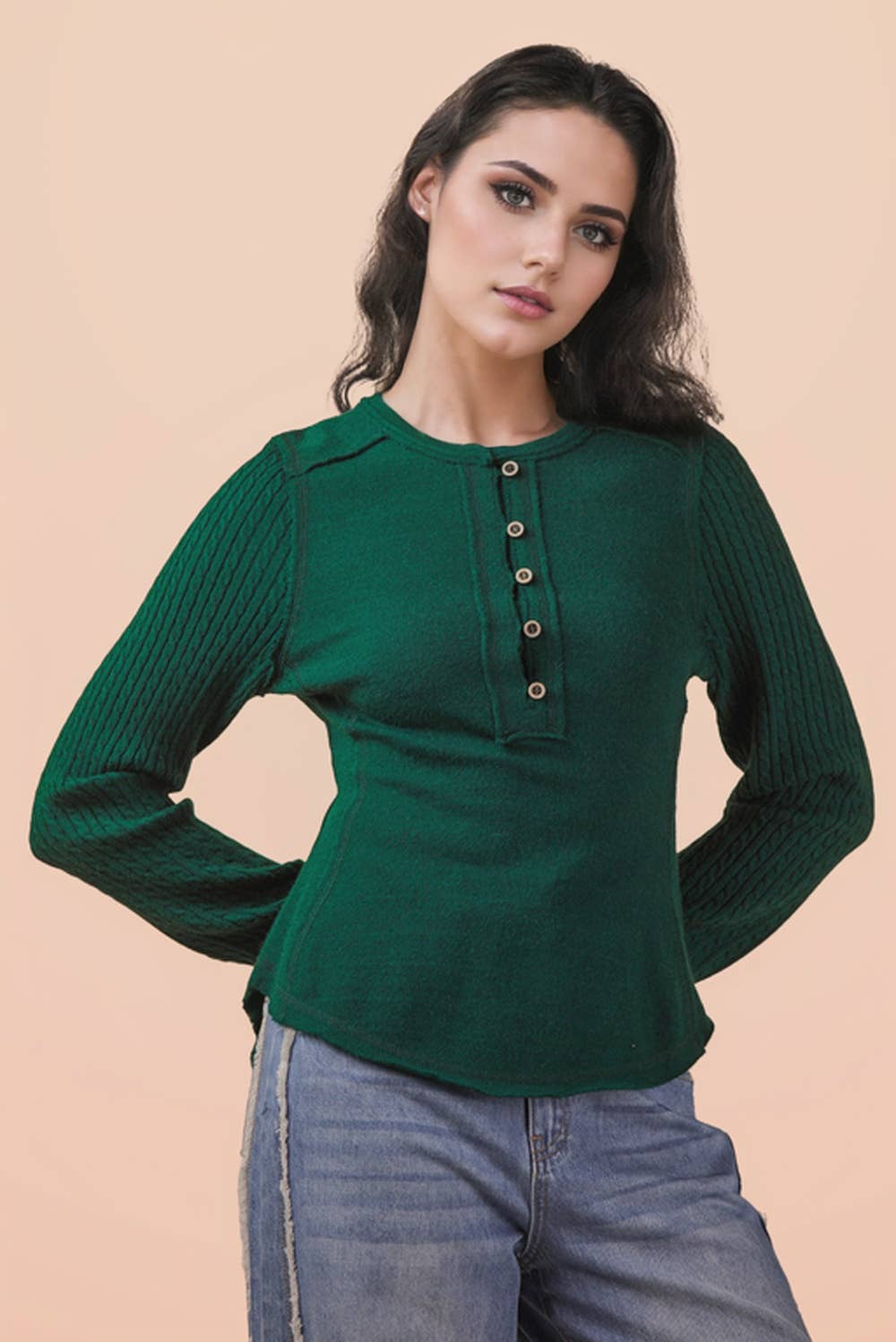 NT12287-Cable Knit Sleeve Detail Fitted Casual Top