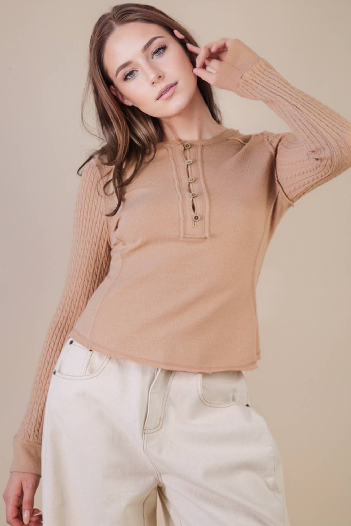 NT12287-Cable Knit Sleeve Detail Fitted Casual Top
