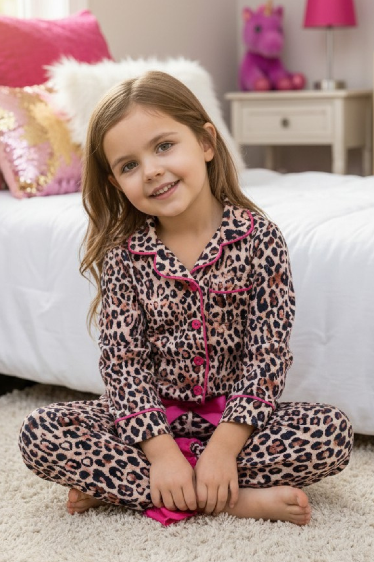 Animal printed pajamas with fuchsia hem.