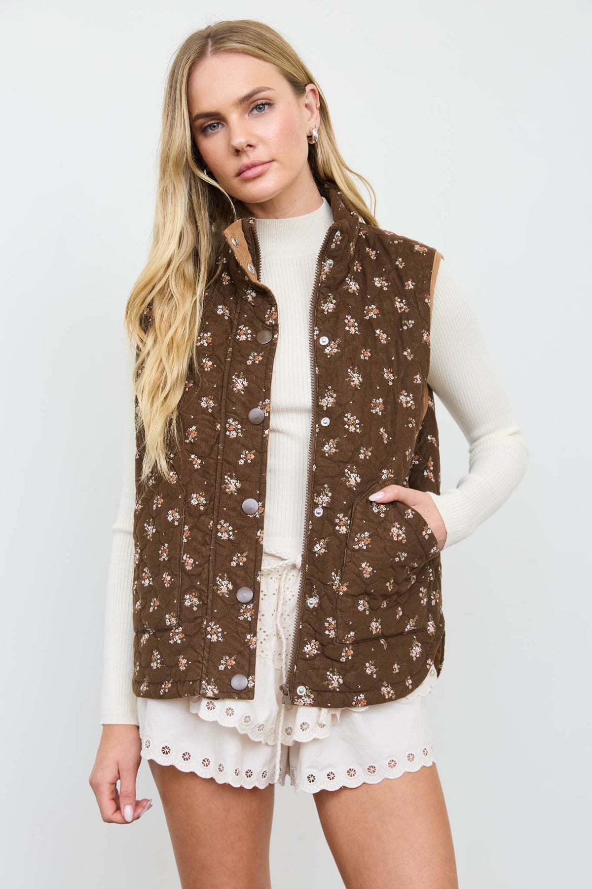 FLORAL QUILTED BROWN ZIP-FRONT MOCK NECK VEST