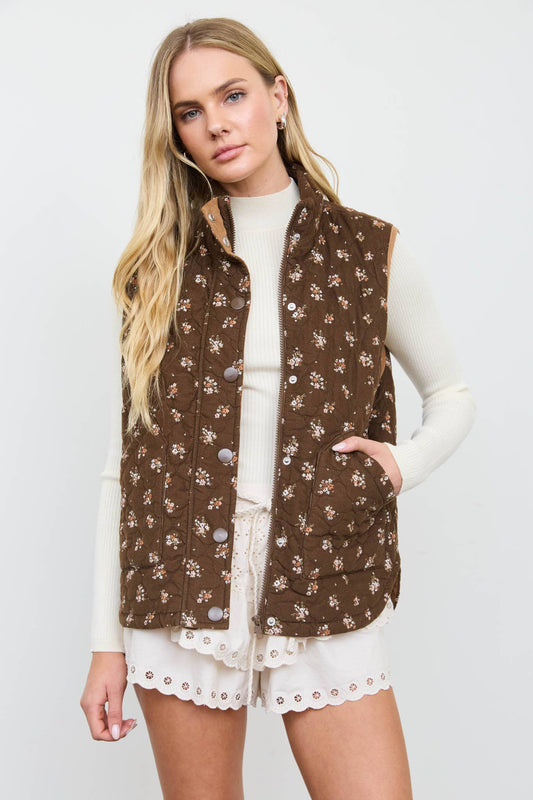 FLORAL QUILTED BROWN ZIP-FRONT MOCK NECK VEST