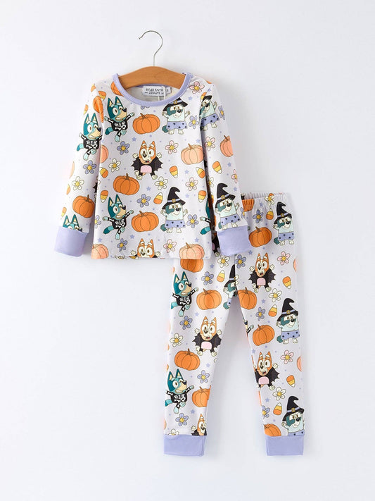 Purple Halloween Character Print Girls Pajama Set