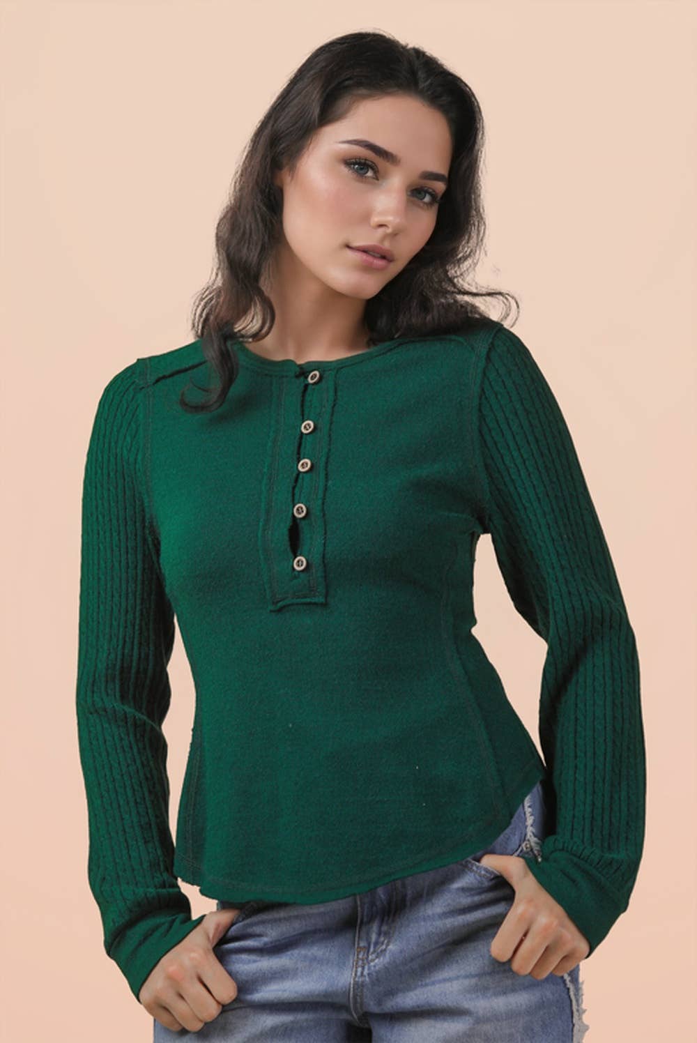 NT12287-Cable Knit Sleeve Detail Fitted Casual Top