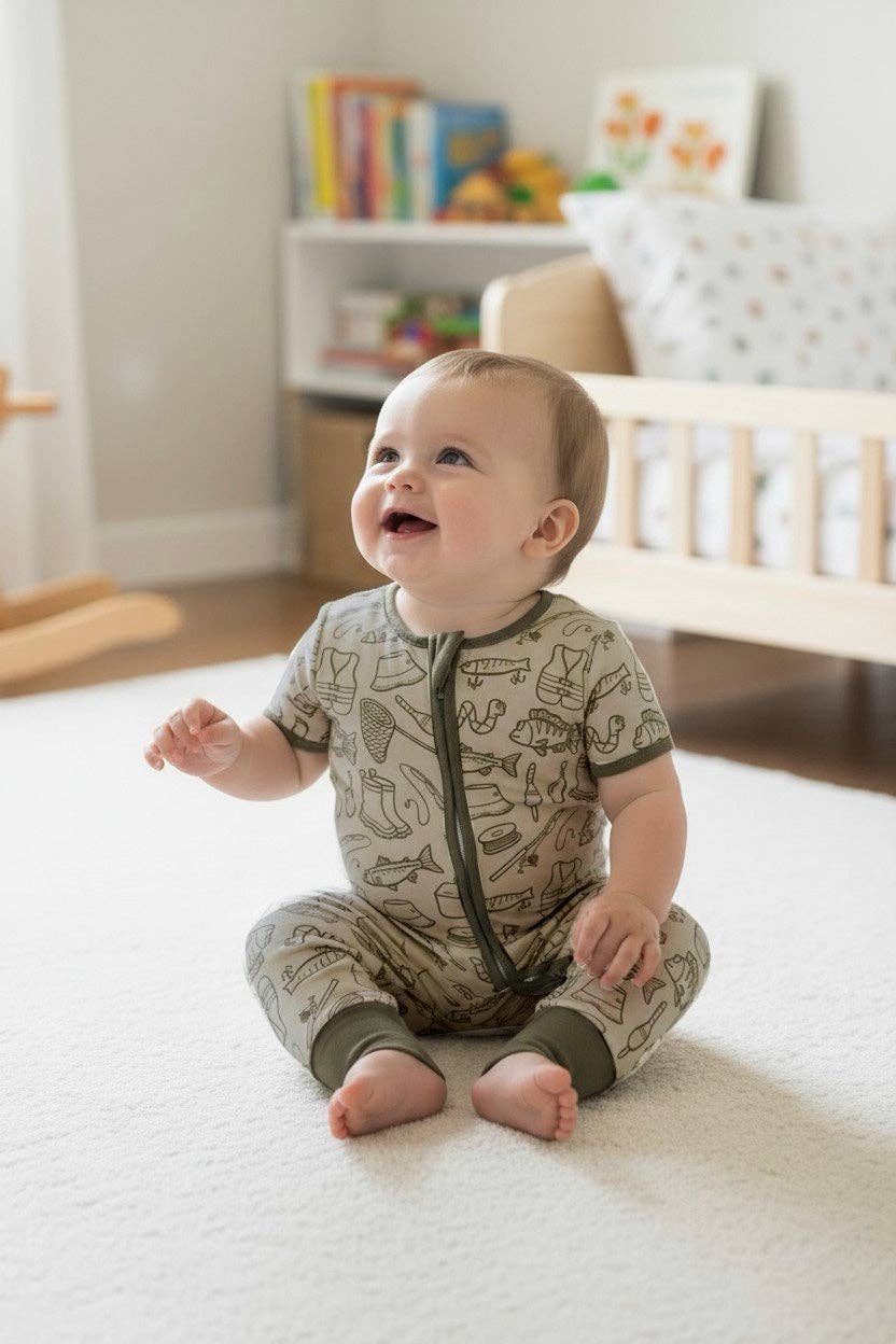 Gone Fishing short sleeve baby romper with olive green hem. SR0425-2-AMY