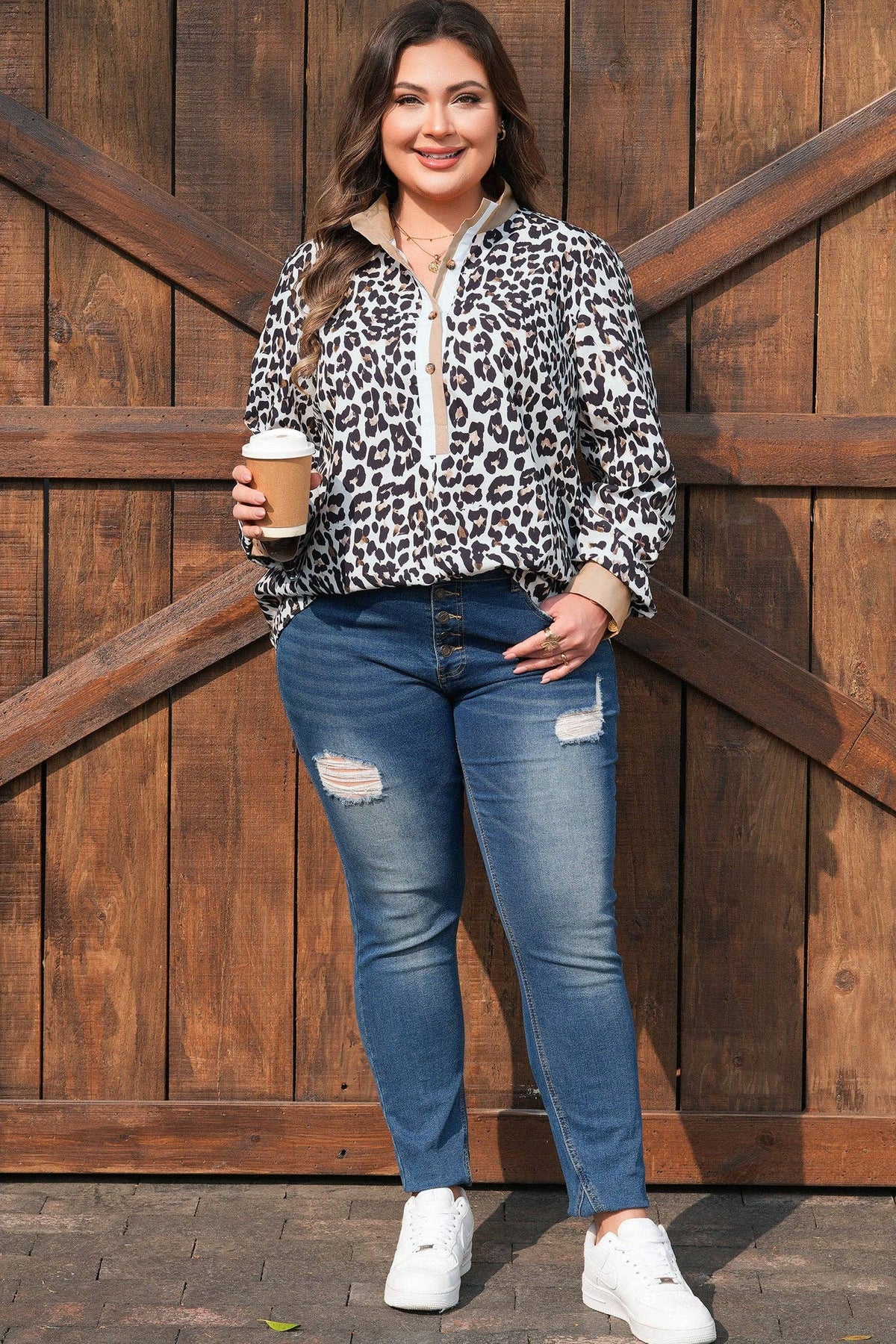 OMG! Plus Size Leopard Contrast Trim Half Button Top