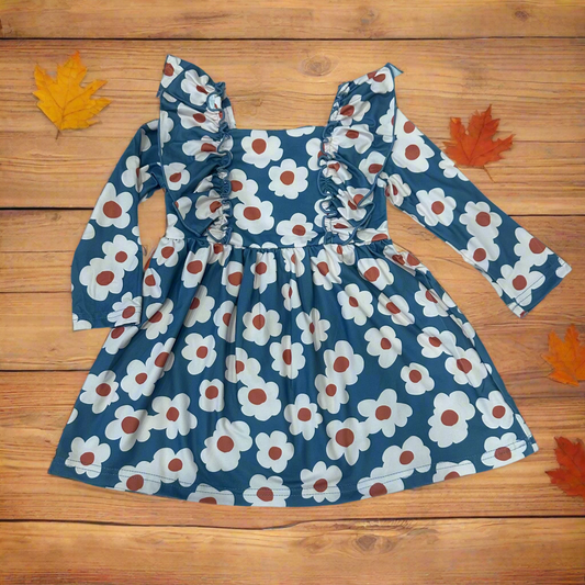 Blue and Orange Daisy Ruffle Dress