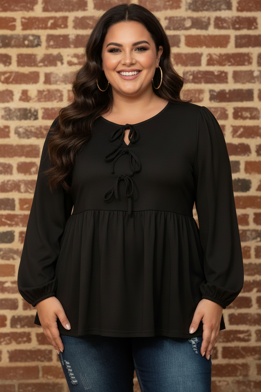 OMG! Plus Size Solid Bow Tie Front Long Sleeve Blouse