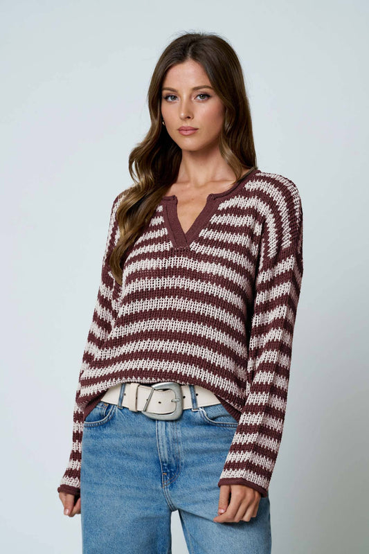 BURGUNDY STRIPE RAW EDGE SPLIT NECK SHEER KNIT SWEATER