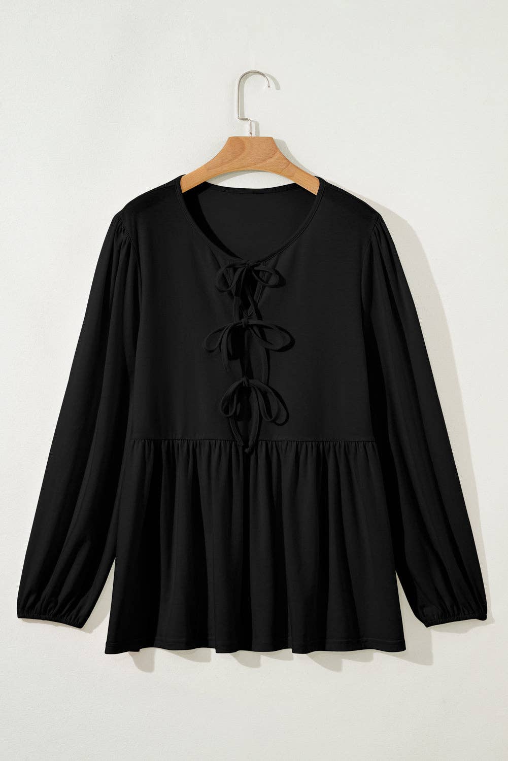 OMG! Plus Size Solid Bow Tie Front Long Sleeve Blouse