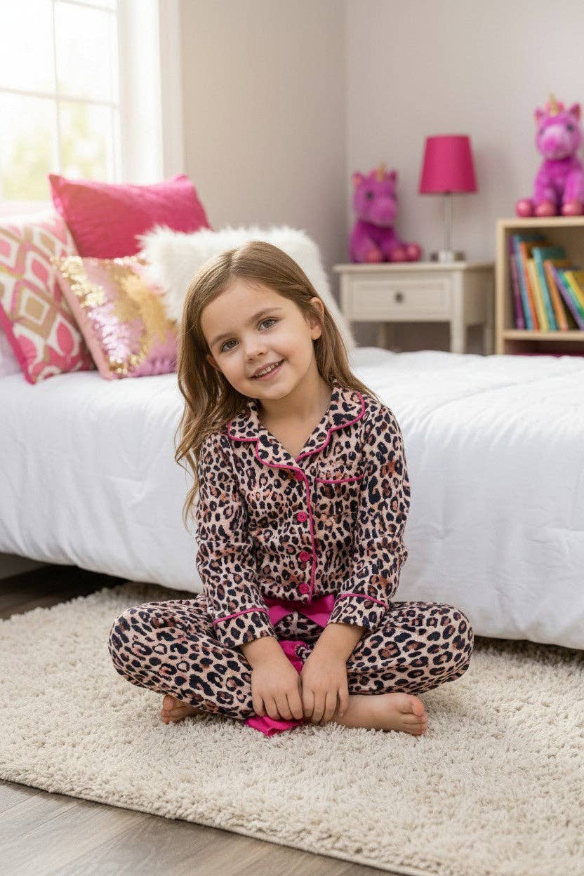 Animal printed pajamas with fuchsia hem.