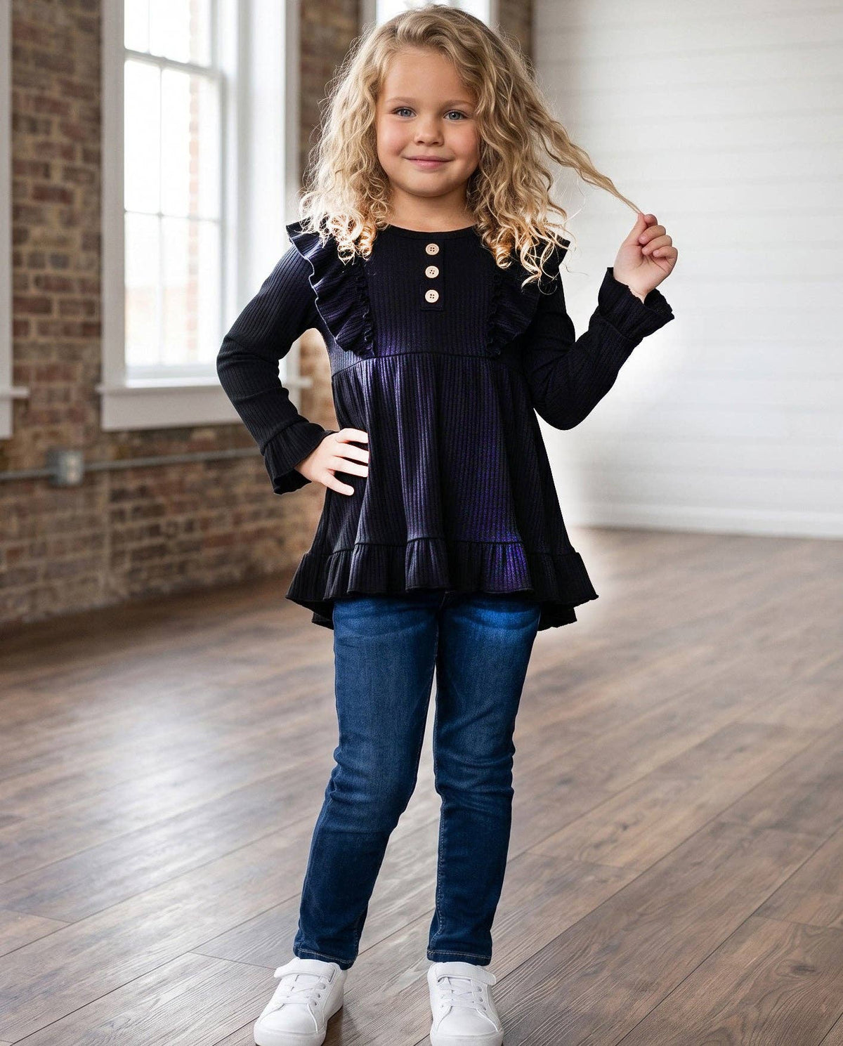 Kids Black Ribbed Long Sleeve Button Ruffle Shirt