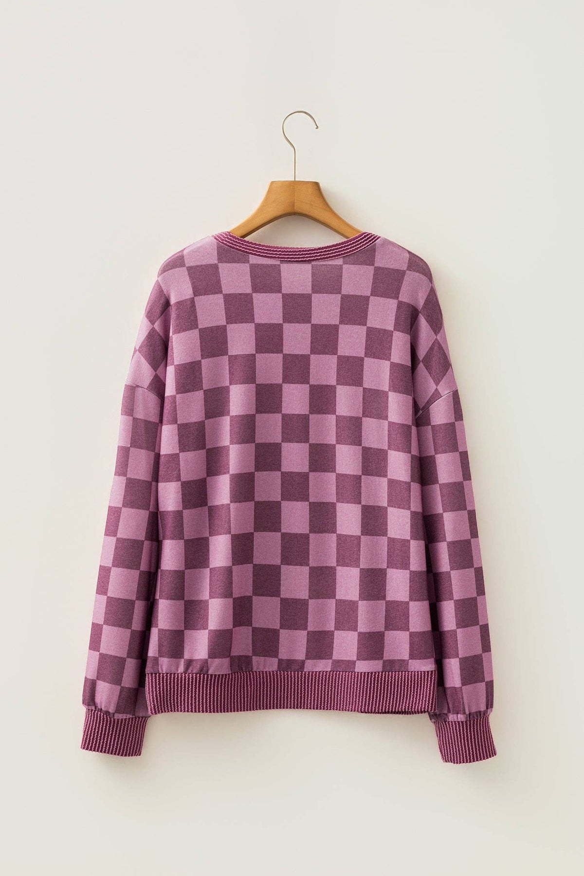 OMG! Checker Corded Knit Trim Long Sleeve Top