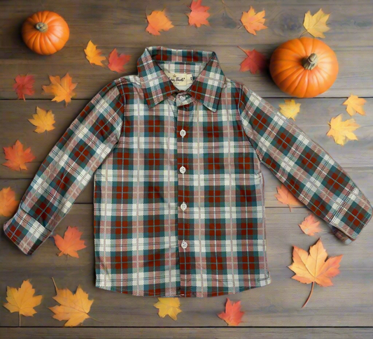 Brown and Turquoise Plaid Button Down Shirt