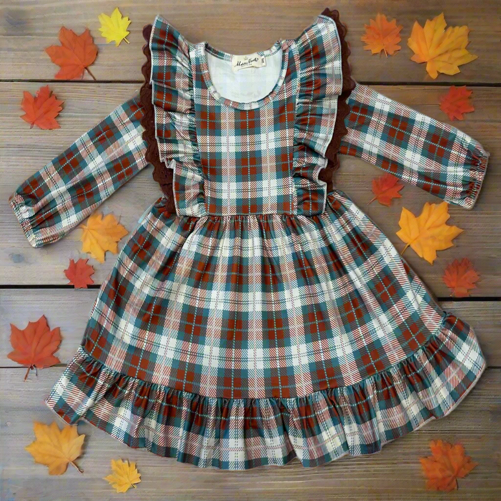 Brown and Plaid Ruffle Dress