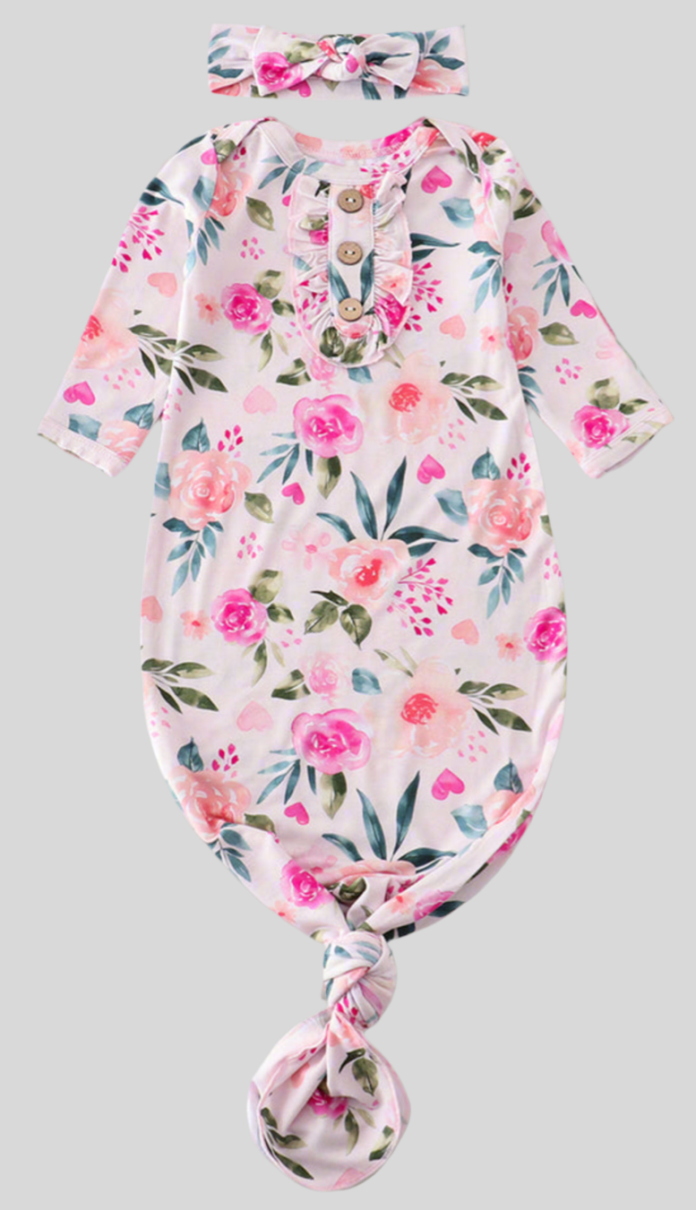 Pink floral bamboo newborn knotted gown